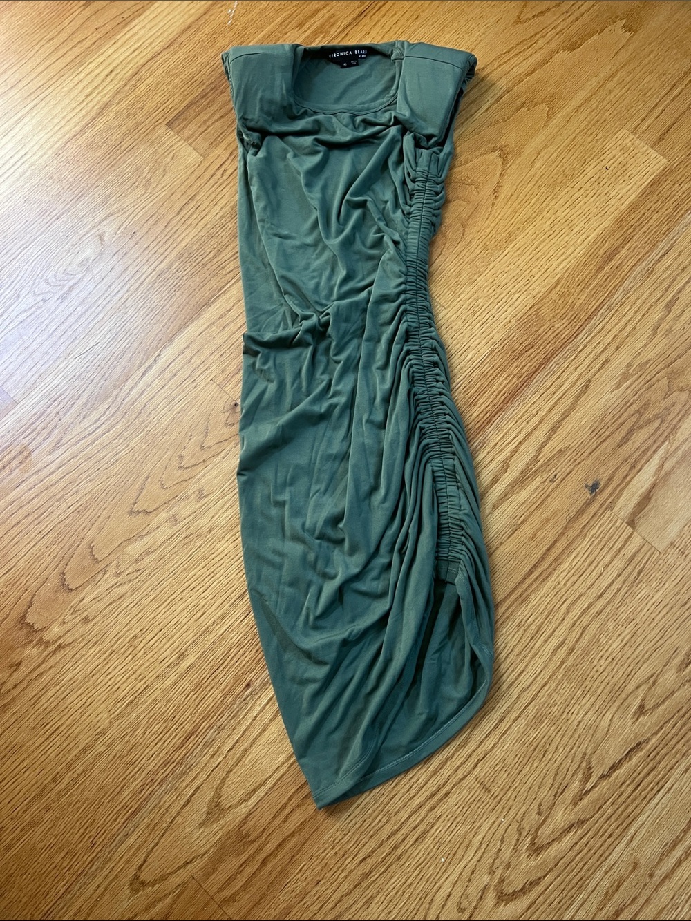 Veronica Beard Olive Green Asymmetrical Shirred Dress XS shoulder pads